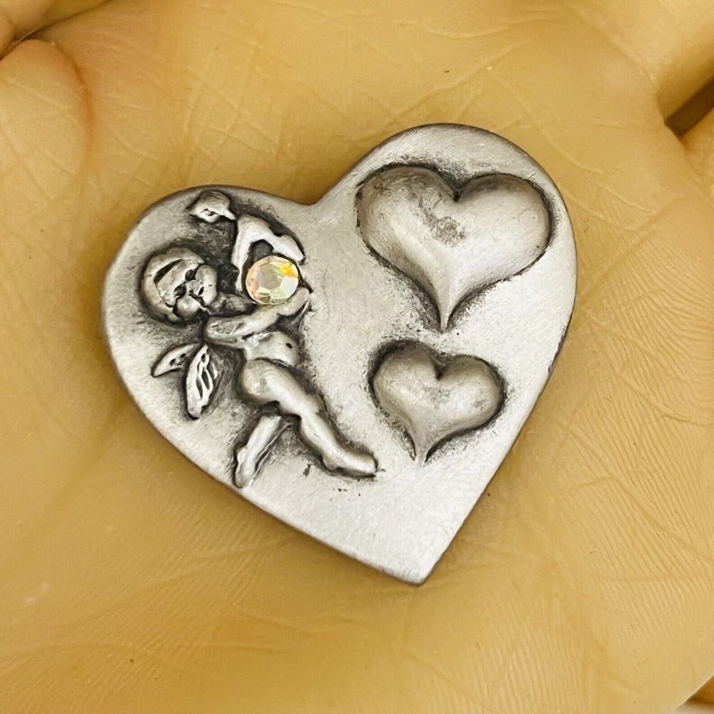 Vintage Silver Cupid Cherub Angel Brooch Aurora Borealis AB Love Hope Heart 4190